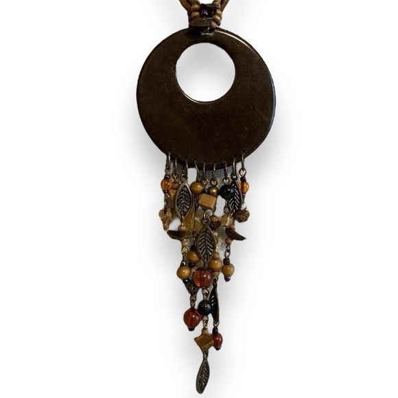 Boho Charm Pendant Necklace Suede Cord Wood Stone Beads - Picture 3 of 4